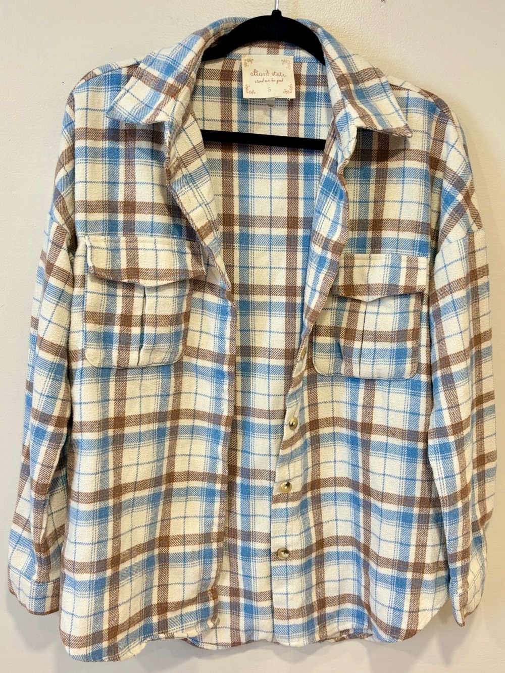 Altar'd State Blue Brown Plaid Flannel Oversized Shacket Women's Small